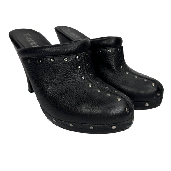 Y-Not? Shoes - Vintage Y2K 90s Whimsigoth Y-Not? Black Leather Studded Clogs Sz 8 Chunky Heels